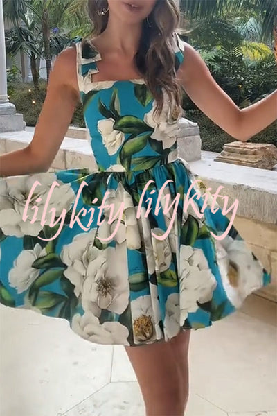 Fresh and Romantic Floral Print Square Neck Knotted Straps Mini Dress