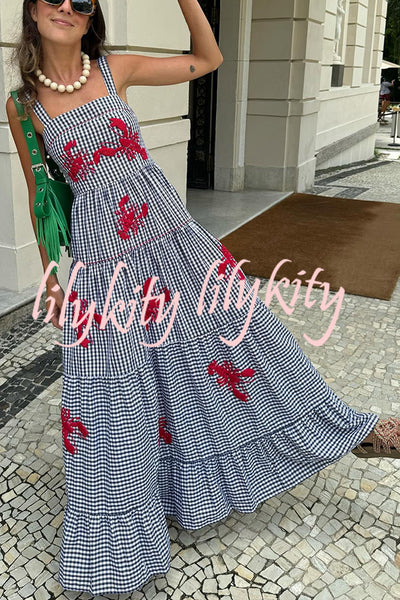 Funny Summer Plaid Lobster Print Square Neck Layered Maxi Dress