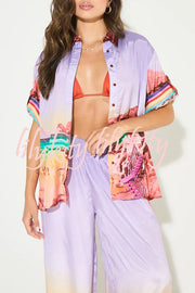 Lilac Sunrise Unique Print Short Sleeve Loose Shirt and Elastic Waist Pocket Pants Set