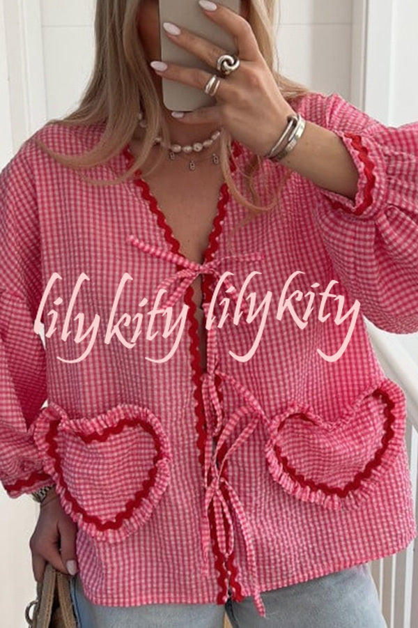 Lovely Plaid Heart Pattern Casual Lace-up Pocket Loose Shirt