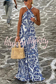 Greek Island Printed Cross Back Halter Flowy Maxi Dress