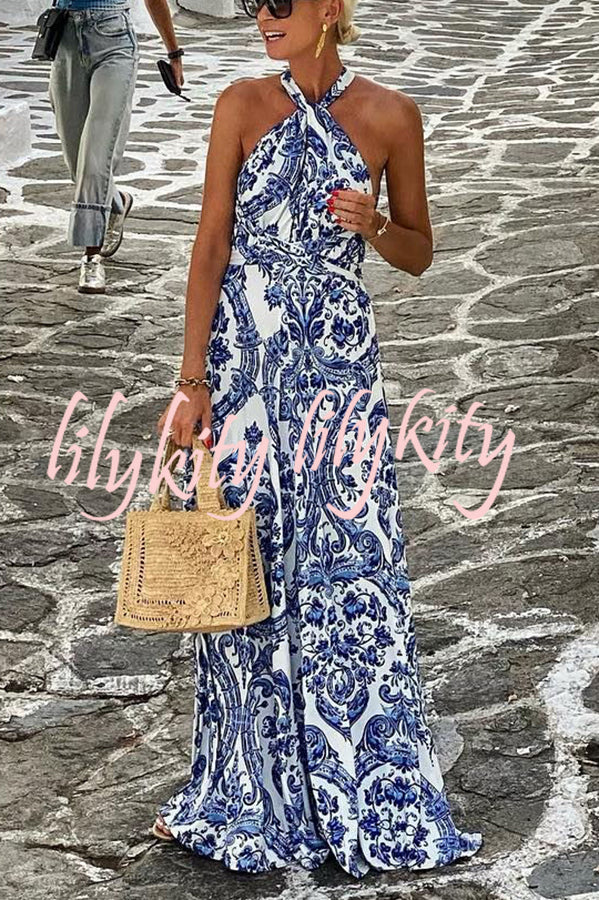 Greek Island Printed Cross Back Halter Flowy Maxi Dress