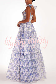 Fairytale Itself Organza Floral Print Tie Strap Maxi Dress