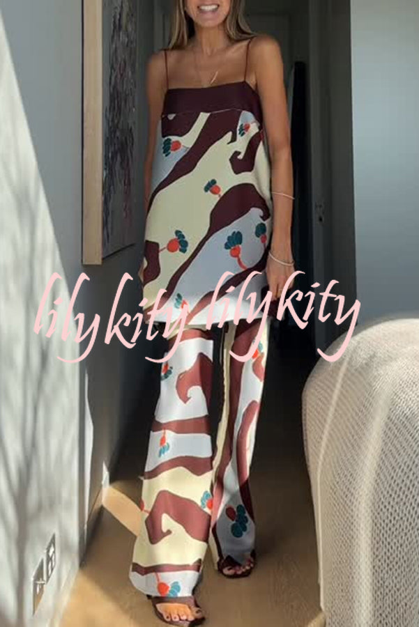 Loving Views Satin Unique Print a-line Tank and Elastic Waist Loose Pants Set