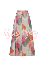 Laylin Wide Sleeve Shirt and Watercolor Print High Waist Drape Pocket Maxi Skirt Set