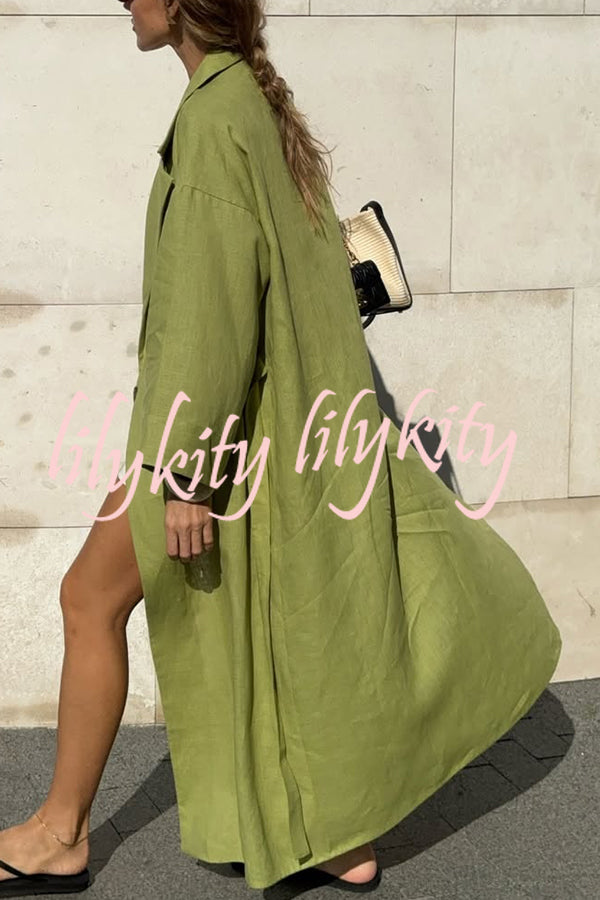 Linen Blend Solid Color Casual Lapel Tie Loose Maxi Dress