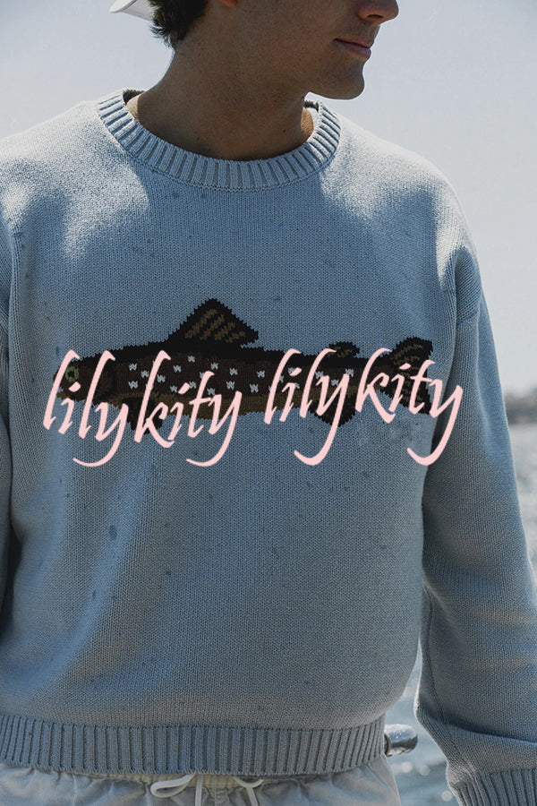 Fashionable Fish Pattern Round Neck Loose Knitted Sweater