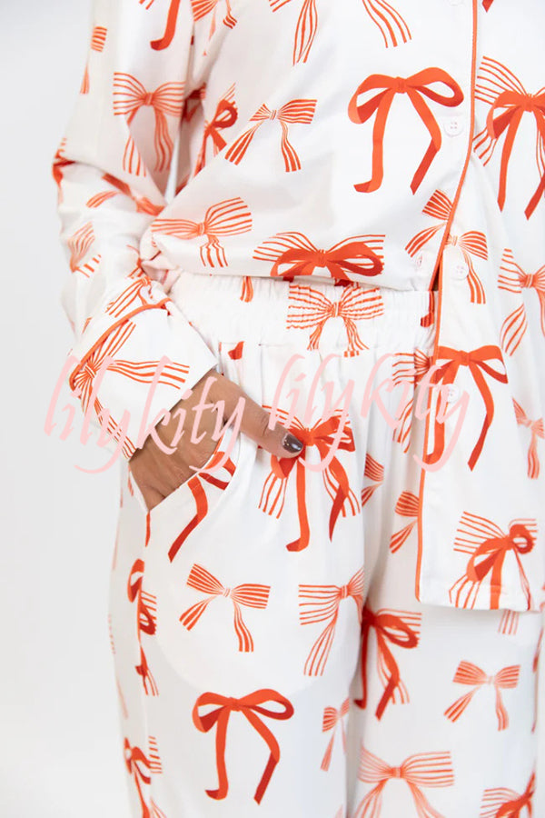 Christmas Bow Print Long Sleeve Shirt and Elastic Waist Pocket Pants Set