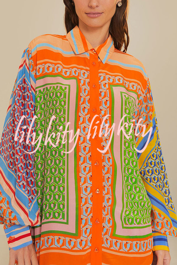 Brazil's Joyful Spirit Colorful Unique Print Balloon Sleeve Button Loose Shirt