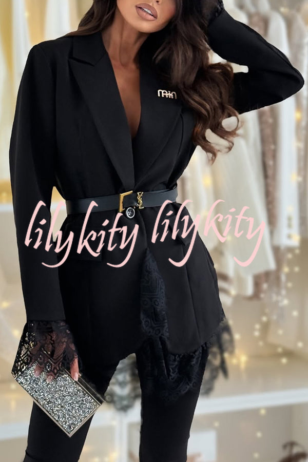 Spiced Muse Lace Trim Button Up Long Sleeve Lapel Blazer