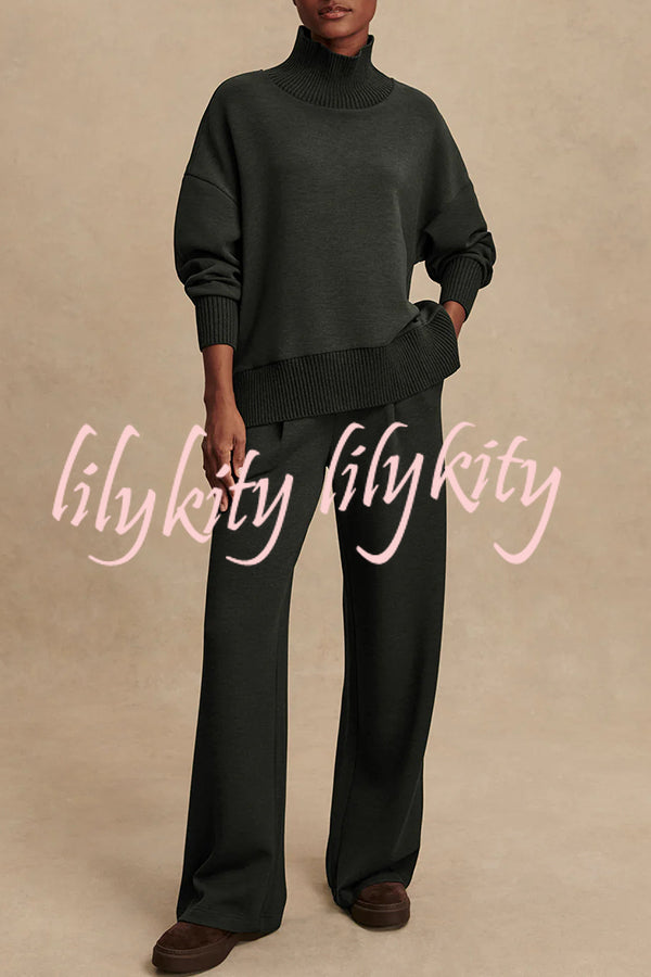 Barker High-Neck Long Sleeve Side Zipper Sweatshirt and Elastic Waist Pocketed Loose Pants Set