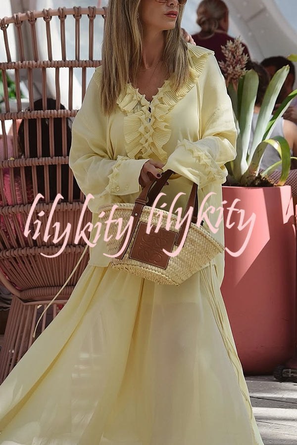 Solid Color Pleated Ruffled Tie Long Sleeve Loose Shirt