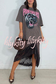 Rolen Satin Lace Patchwork Elastic Waist Irregular Hem Midi Skirt