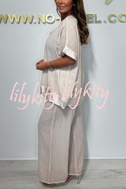 Fashionable V-neck Short-sleeved Loose Top and Elastic Waist Casual Wide-leg Pants Set