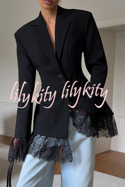 Solid Color Lace Panel Long Sleeve Button Elegant Blazer
