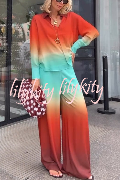 Neon Sunset Gradient Print Long Sleeve High Low Hem Blouse and Elastic Waist Loose Pants Set