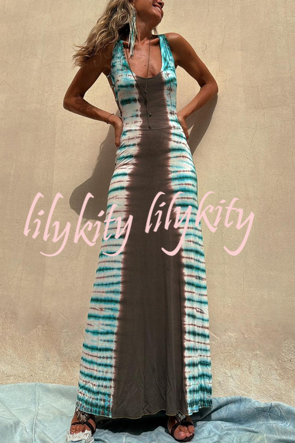 NIL Tie-dye Print Back Lace-up Stretch Maxi Dress