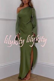 Zayla Satin Asymmetrical One Shoulder Bell Sleeve Slit Maxi Dress