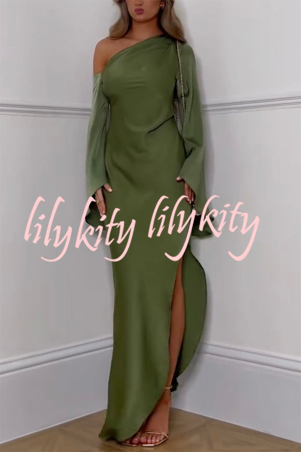 Zayla Satin Asymmetrical One Shoulder Bell Sleeve Slit Maxi Dress