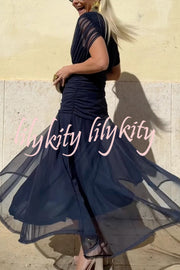 Unique Printed V-Neck Waisted Mesh Holiday Maxi Dress