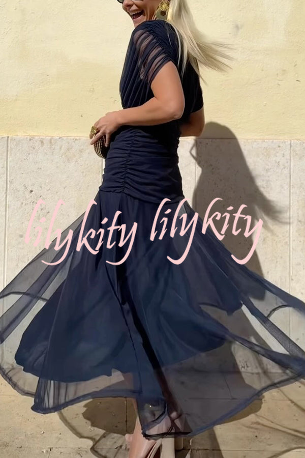 Unique Printed V-Neck Waisted Mesh Holiday Maxi Dress