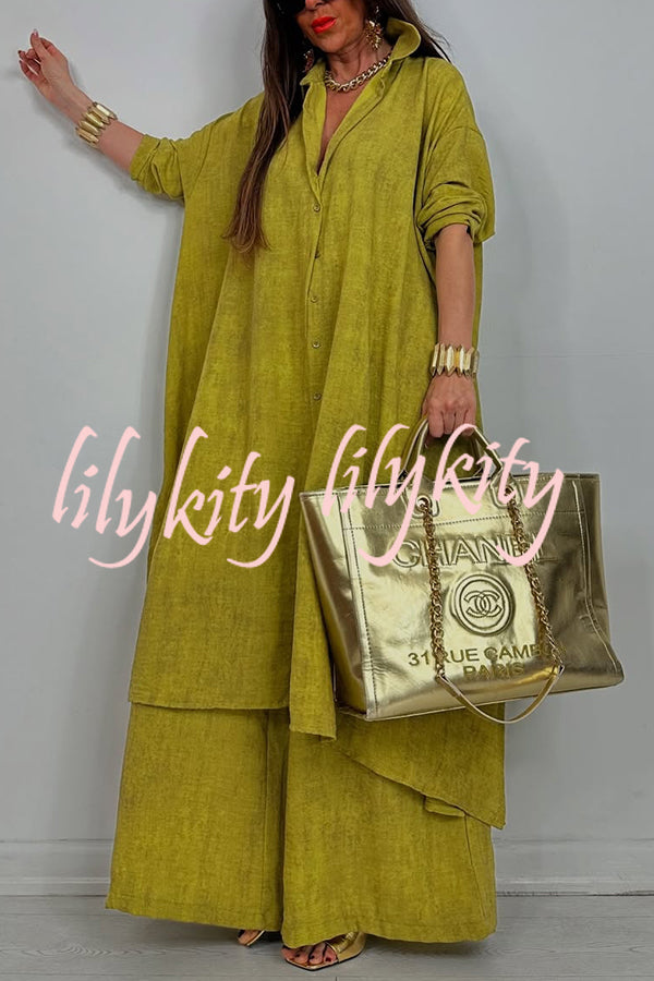 Solid Color Casual Loose Long Shirt and Elastic Waist Pocket Wide Leg Pants Set
