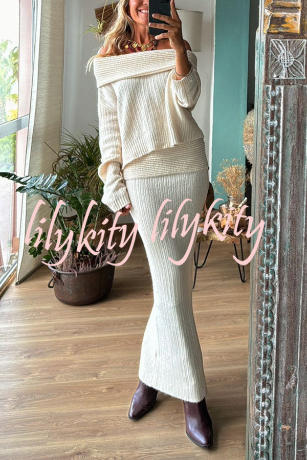 Luka Ribbed Knit Off Shoulder Long Sleeve Sweater and Stretch Maxi Skirt Set