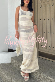 Solid Color Knit Hollow Crew Neck Sleeveless Beach Cover Up Maxi Dress