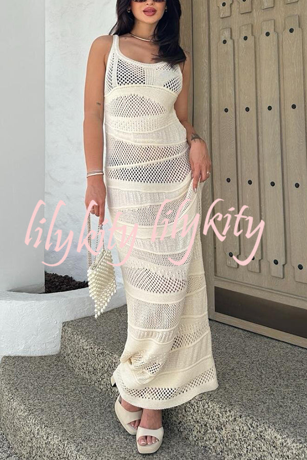 Solid Color Knit Hollow Crew Neck Sleeveless Beach Cover Up Maxi Dress