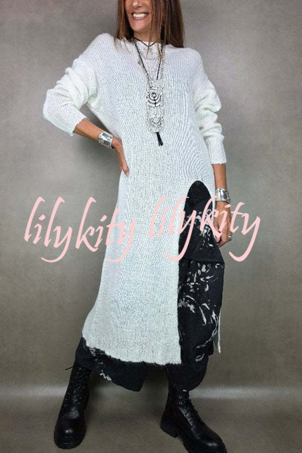 Solid Color Knitted Long-sleeved Casual Slit Midi Dress
