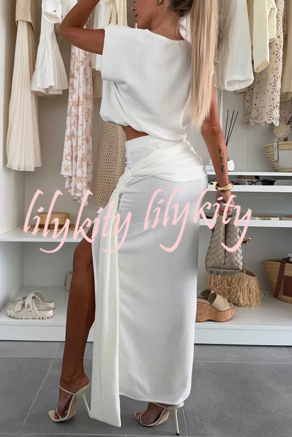 Comfortable Stylish Round Neck Sleeveless Casual Top and Elastic Waist Ruched Tie Slit Midi Skirt Set