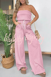 Casually Chic Off Shoulder Drawstring Waist Pocketed Wide Leg Jumpsuit