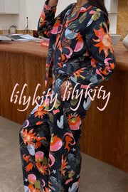 Evening Routine Unique Print Color-block Trim Loose Shirt and Elastic Waist Pocketed Pajama Set