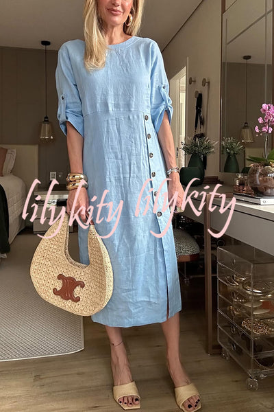 Ultra-comfortable Linen Blend Half Sleeve Front Button Detail Relaxed Pocket Midi Dress