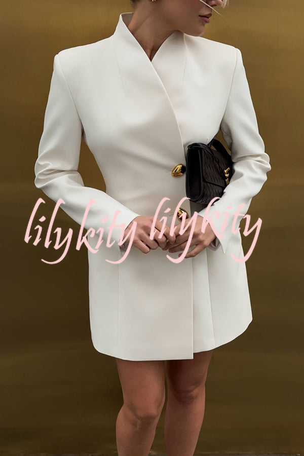 Kayleen Stand V-neck Decorative Metal Button Long Sleeve Pocket Blazer Mini Dress