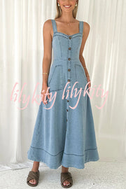 Solid Color Suspender Pocket Button Slim Denim Midi Dress