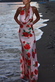 Rose Print Sexy Halter Neck Strappy Backless Slim Fit Maxi Dress