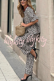 Enjoy Everyday Leopard Print Puff Sleeve Babydoll Top and Elastic Waist Pocketed Pant Set