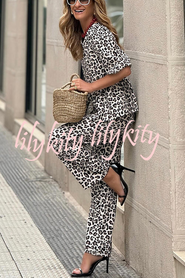 Enjoy Everyday Leopard Print Puff Sleeve Babydoll Top and Elastic Waist Pocketed Pant Set