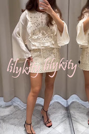 Fashionable Round Neck Tie Hollow Stitching Casual Shirt