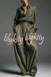 Linen Blend Lapel Long-sleeved Casual Shirt and High-waist Pocket Loose Wide-leg Pants Set