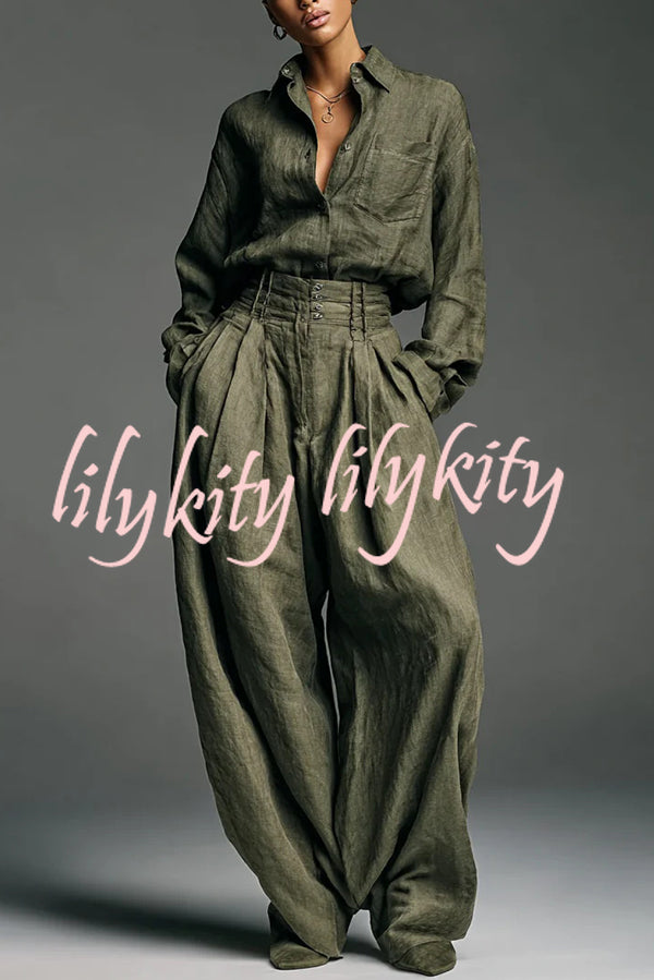 Linen Blend Lapel Long-sleeved Casual Shirt and High-waist Pocket Loose Wide-leg Pants Set
