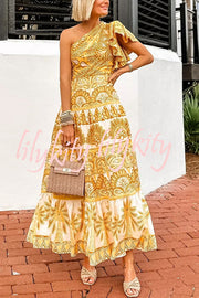 Exquisite Dream Unique Print One Shoulder Ruffle Sleeve Tiered Maxi Dress