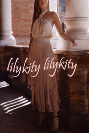 Elegant Tassel Hem Elastic Waist Casual Maxi Skirt