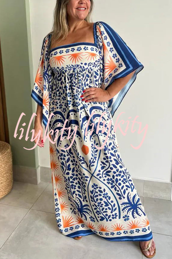 Resort Style Ethnic Print Square Neck Bell Sleeve Loose Maxi Dress