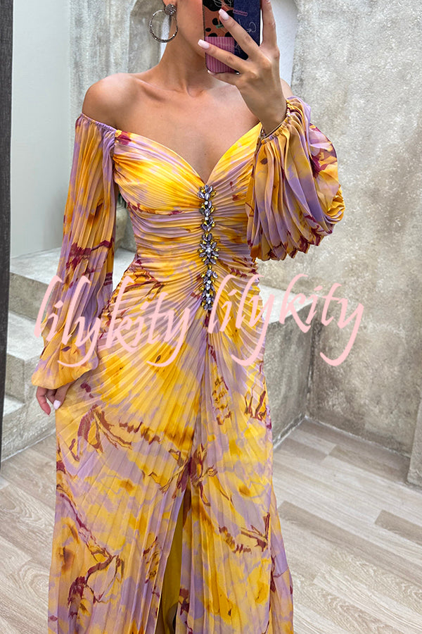 Sunset Serenade Printed Off Shoulder Diamond Embellished Pleated Slit Maxi Dress