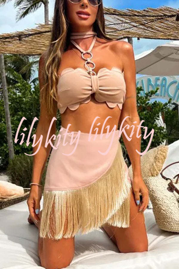 Solid Color Halter Neck Tassel Skirt Stretch Two-piece Bikini Swimsuit