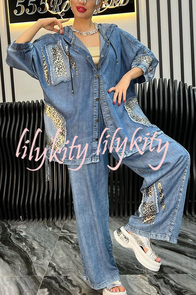 Fashion Loose Hooded Leopard Print Pocket Top and Casual Wide-leg Pants Set