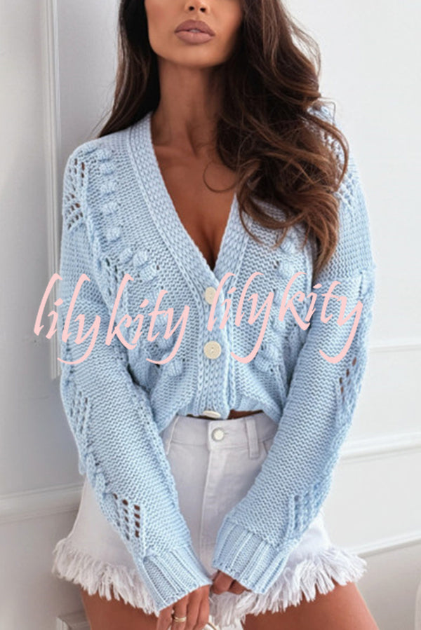 Fashion Hollow Long Sleeve V-neck Button Loose Knitted Cardigan