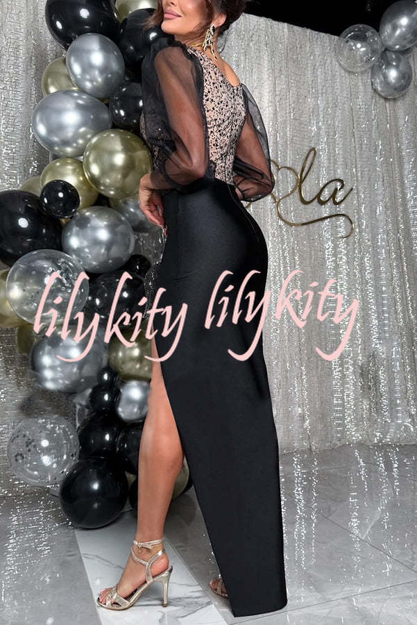 Twilight Dreams Sequin Tulle Patchwork Puff Sleeve Slit Stretch Maxi Dress